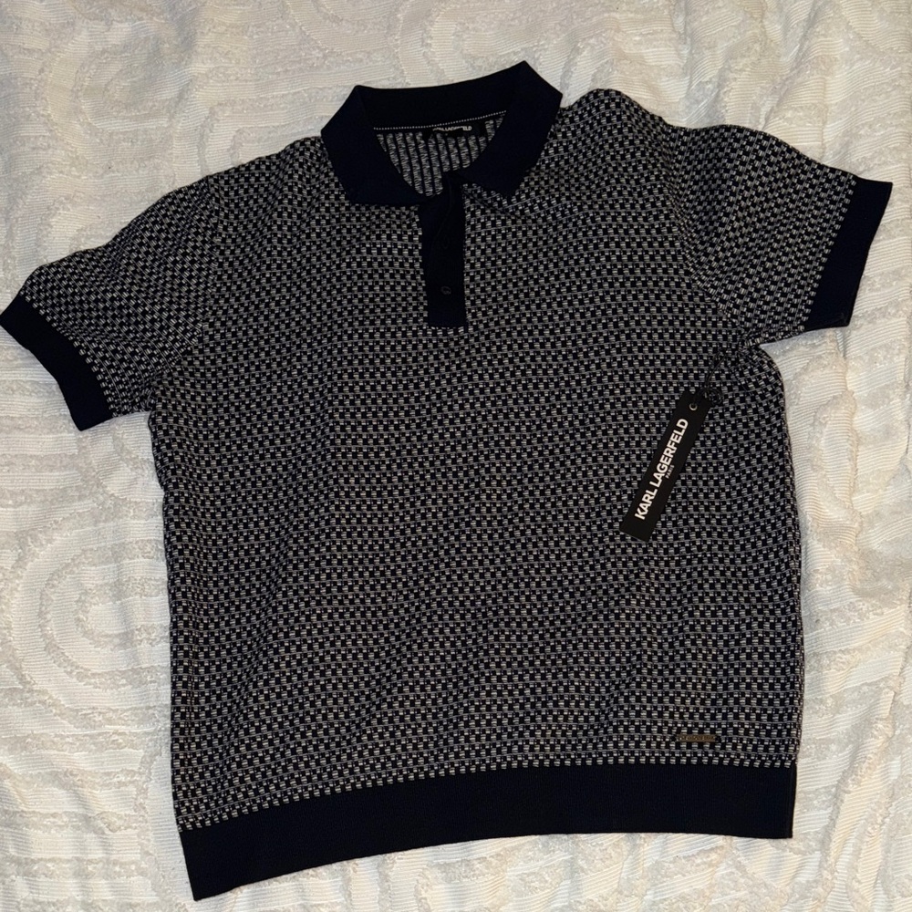 Karl Lagerfeld Blue and White Textured Polo. Perfect for warm weather vacation